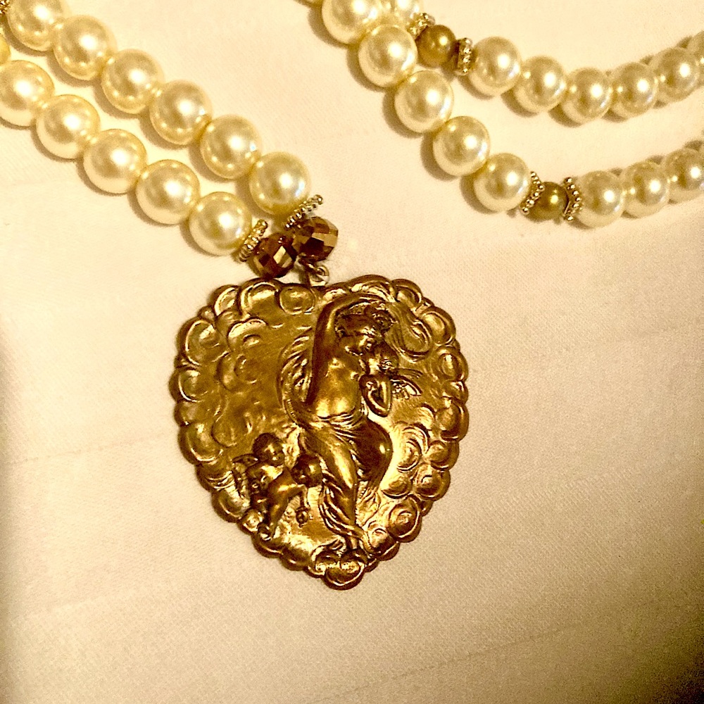 Long Pearl Necklace with Gold Heart Pendant